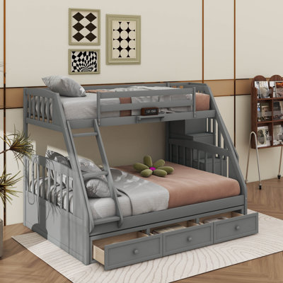 Contemporary Twin Over Full Wood Bunk Bed With Three Drawer Storage Staircase And Ladder