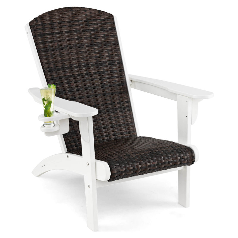 Set of 2 Adirondack Chair w/ Rattan Padded Seat & Back Wide Hidden Cupholder Patio, White