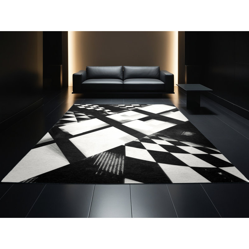 Tapis moelleux moelleux moelleux et moderne à carreaux carrés et noir moderne - Reliure noire, 7 x 9
