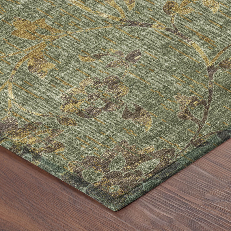 Machine Washable Indoor/Outdoor Chantille ACN2616 Floral Rug, 2'3" x 7'6" Runner, Olive
