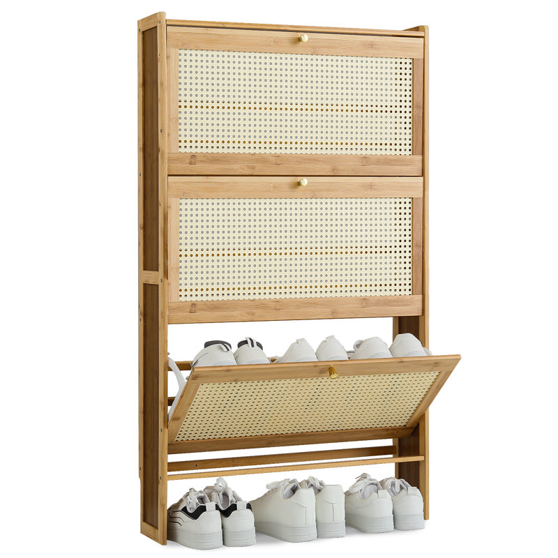 Armoire à chaussures à 5 niveaux pour hall d'entrée, armoire de rangement pour chaussures en rotin avec 2 tiroirs rabattables