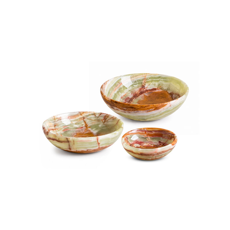 Bol décoratif en onyx naturel, récipient en pierre multicolore fabriqué à la main, objet décoratif minéral pour table basse, entrée, étagère et décoration intérieure, lot de 3 (S, M, L)