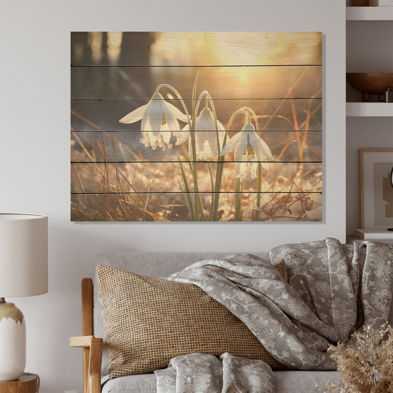 Snowdrops Sunrise In Winter - Snowdrops Wood Art On Natural Pine Wood, 10" H x 20" W