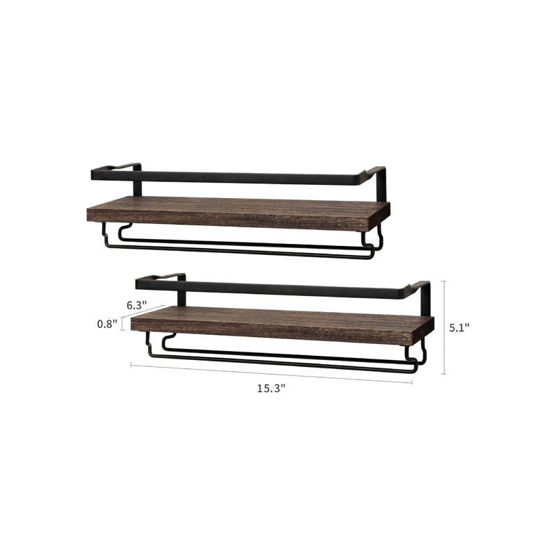 Wine Rack Set Of 2 Wood Rustic Wine Bottle Glass Floating Shelves With Stemware Hanger Modern Plants Photos Wine Display Storage Holder For Kitchen Dining Room Bar, 17 Inch