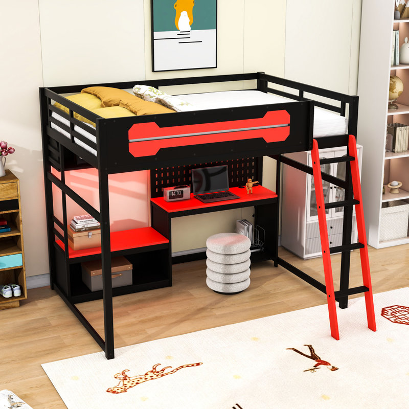 Lit mezzanine double en bois avec bureau, tablettes, lumières DEL et ports de charge, Noir rouge