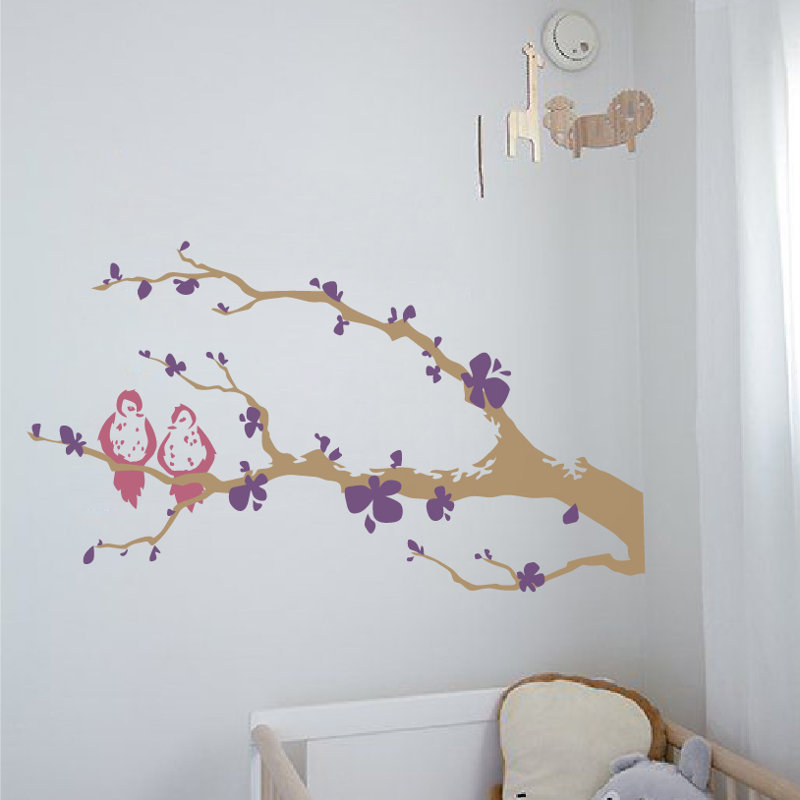 Décalcomanie murale branche arbre love oiseaux, H 21 po x l 40 po x P 0,01 po, Mauve / rose