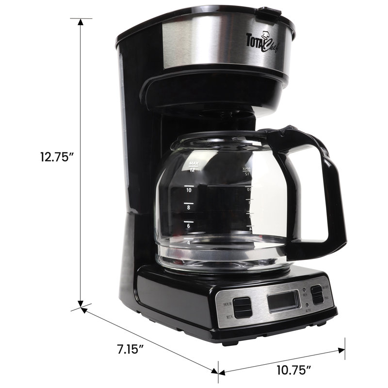 Total Chef Programmable 12 Cup Coffee Maker with Filter Black and Silver