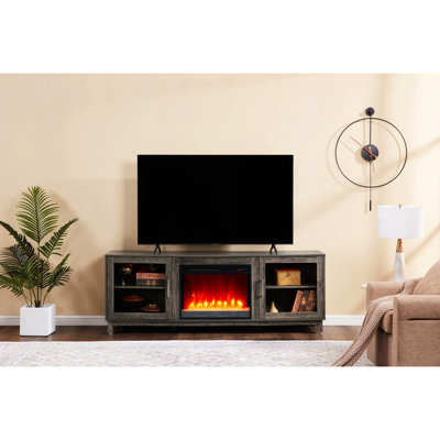 Meuble télé 70 po avec foyer et radiateur à finition noyer gris avec 11 variations de température, 7 options de couleur de flamme, minuterie, éclairage à DEL pour armoire, profondeur 15,67 po, hauteur 25,71 po, poids 117,91 lb