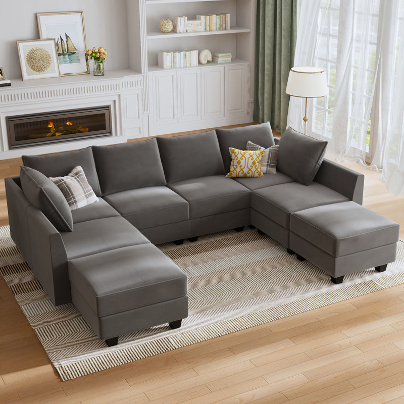 Tremee U Shaped Modular Velvet Sectional Couch, Gray Velvet