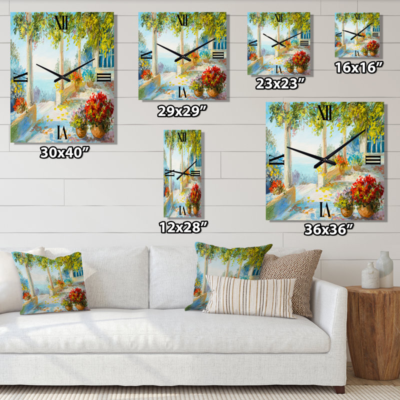 Horloge murale terrasse près de la mer avec fleurs, Petit