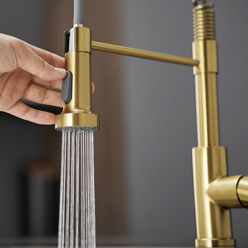 Pull Out Kitchen Sink Faucet In Brushed Gold, Stainless Steel, Single Handle, Hoses Included Gold With Down , Water Spray Power Control