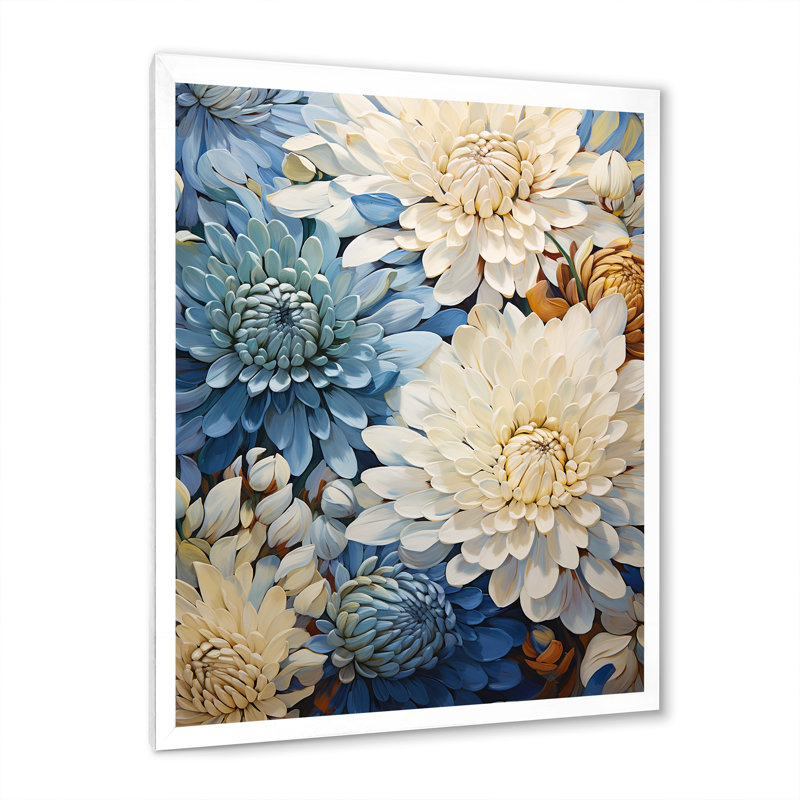 «Simplicity Mums Bloom» en beige et bleu discret VII sur toile, Cadre simple blanc, H 20 po x l 12 po x P 1 po