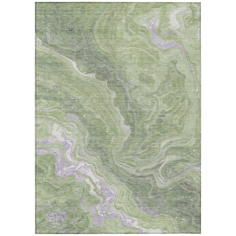 3' X 5' Artichoke Green Lavender And Ivory Abstract Washable Indoor Outdoor Area Rug
