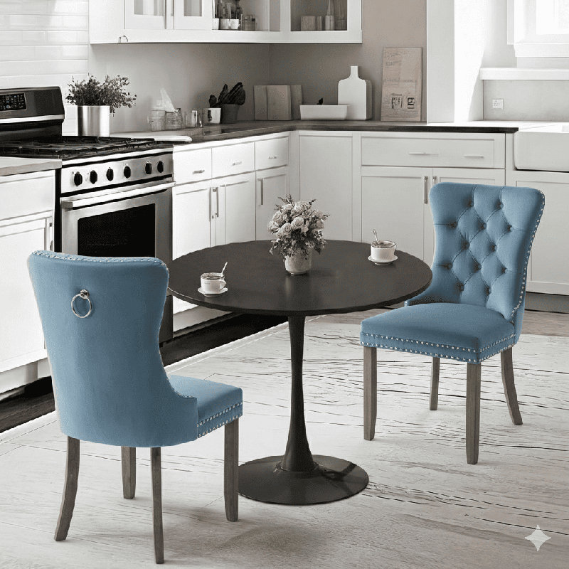 Round Dining Table Sets with 2 chairs, Sky Blue/Brown, Black
