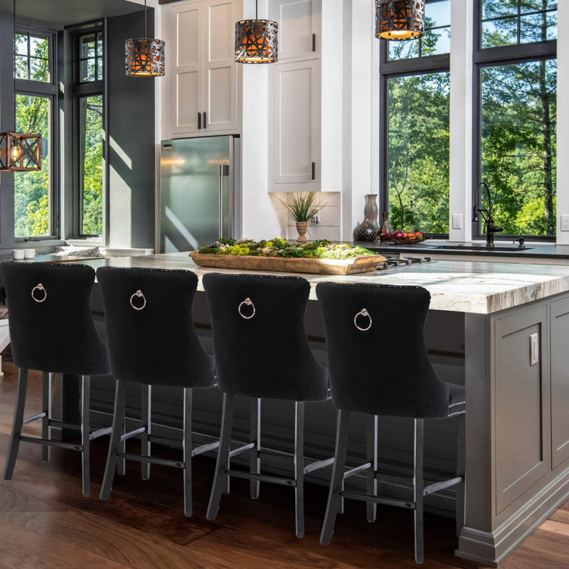 Modern Velvet Upholstered Bar Stools, Black