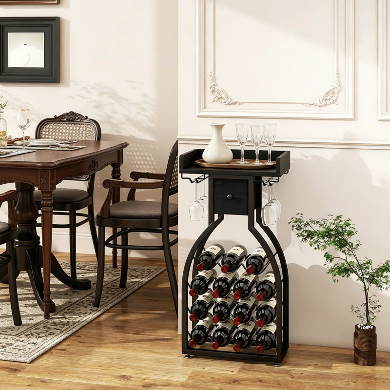 Support à vin autoportant avec tiroir de rangement et porte-verres - peut contenir 15 bouteilles, armoire de bar multifonctionnelle pour la cuisine, la salle à manger ou le bar à la maison