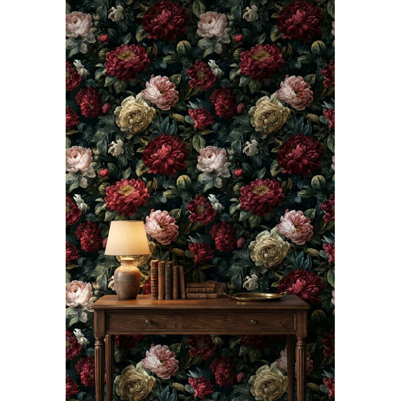 Papier peint floral, élégante murale rétro