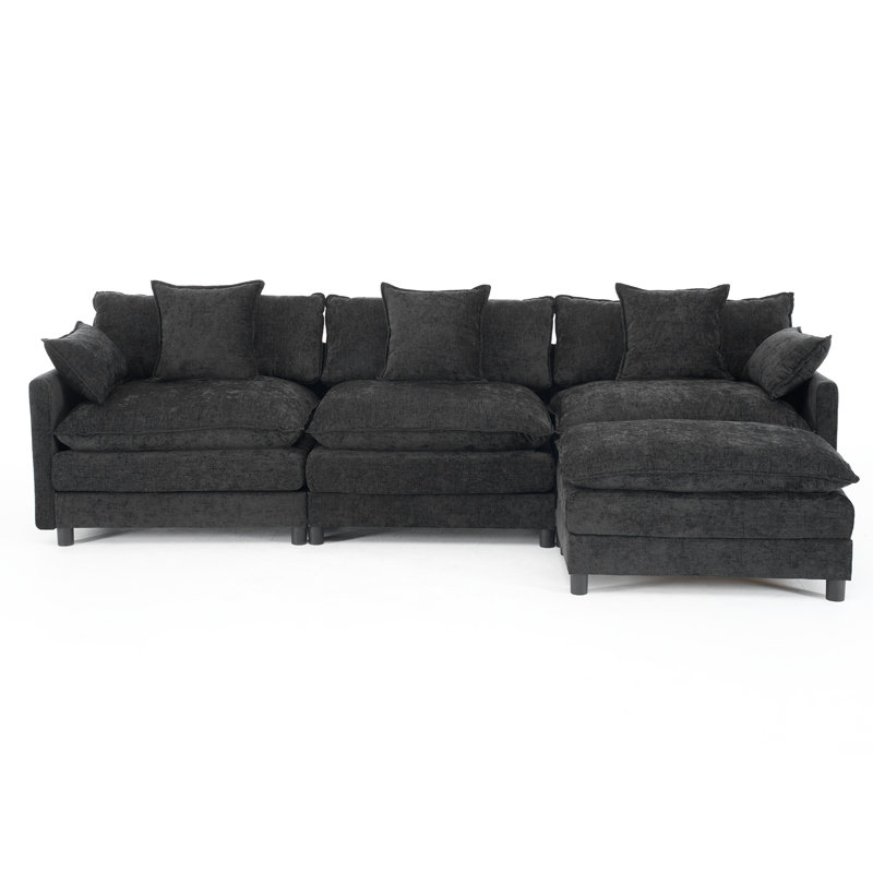 Canapé modulaire moderne en L en chenille avec repose-pieds mobile et coussins décoratifs, Chenille noir