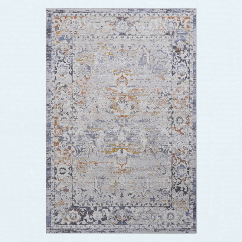 Area Rug Synthetic Fiber Stain Resistant Non-Shedding Traditional Ivory Grey Medium 6' x 9'