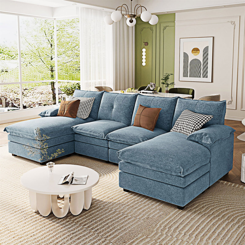 U-Shaped Sectional Sofa With Adjustable Armrest Pillows, Blue