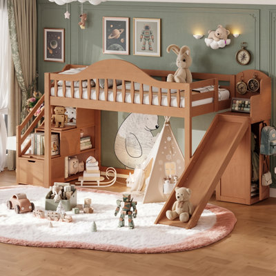 Lit mezzanine en bois avec escalier de rangement, glissade et armoire intégrée, cadre de lit avec barrière de sécurité haute pour enfants et adolescents