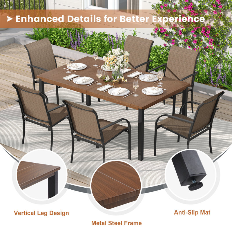 Leyre 6 - Person Metal Patio Dining Set with Rectangular Table, Brown/Brown