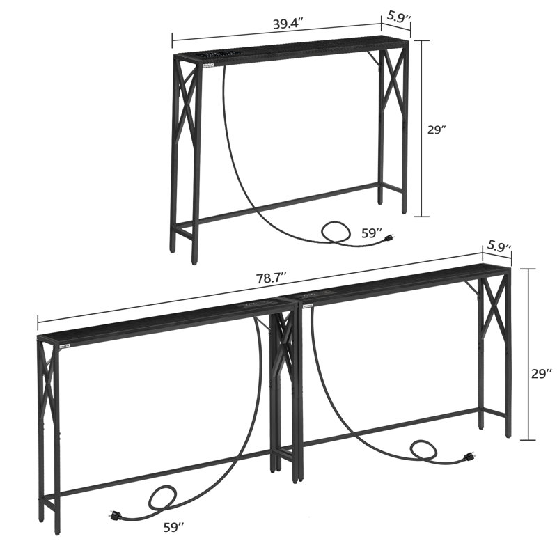 Naun 78.7" Console Table with Power Outlet Narrow Sofa Table, Black