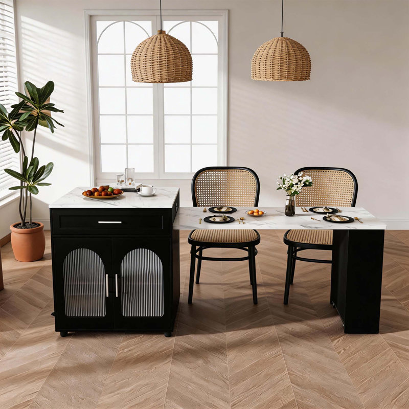 Table de salle à manger extensible 80 po pour îlot de cuisine, comptoir en grain de marbre avec prise de courant, station de préparation de cuisine avec support à vin