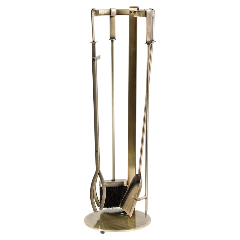 Aged Brass Steel Fireplace Tool Set with Brush, Shovel, Poker, Tongs, and Stand