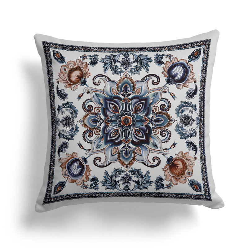 Coussin Leafy Bouquet, Bleu / Orange, H 16 po x l 16 po