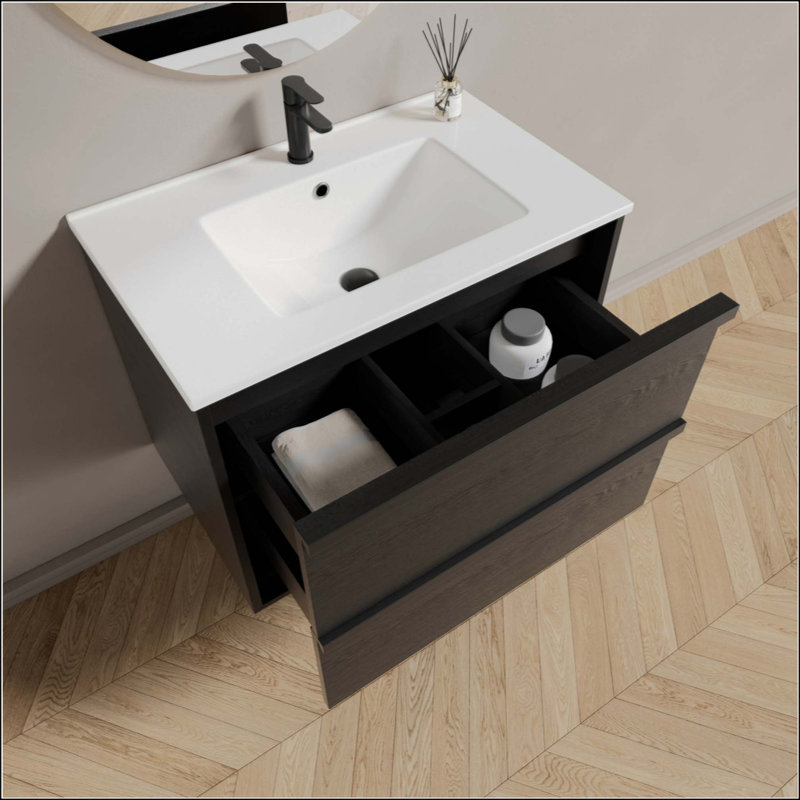 Meuble-lavabo de salle de bain avec lavabo en céramique - Meuble-lavabo mural flottant cannelé avec tiroirs, moderne, 32"