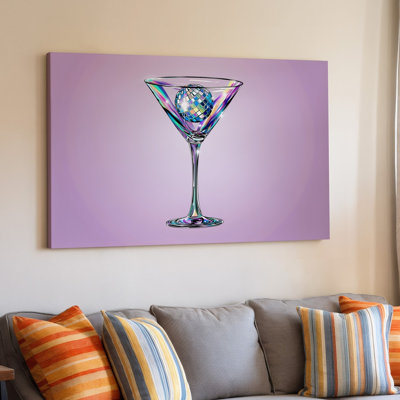 Toile, un verre à martini stylisé vibrant est placé en évidence contre un art mural doux sur fond rose avec une boule disco éblouissante, art mural