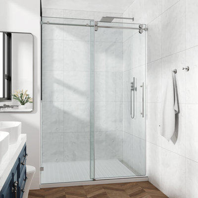 60*72"Fixed & Sliding Shower Door, Round Tube Hardware, Clear Glass Shower Door, 3/8″ (10mm) SGCC Tempered Glass, Stainless Steel