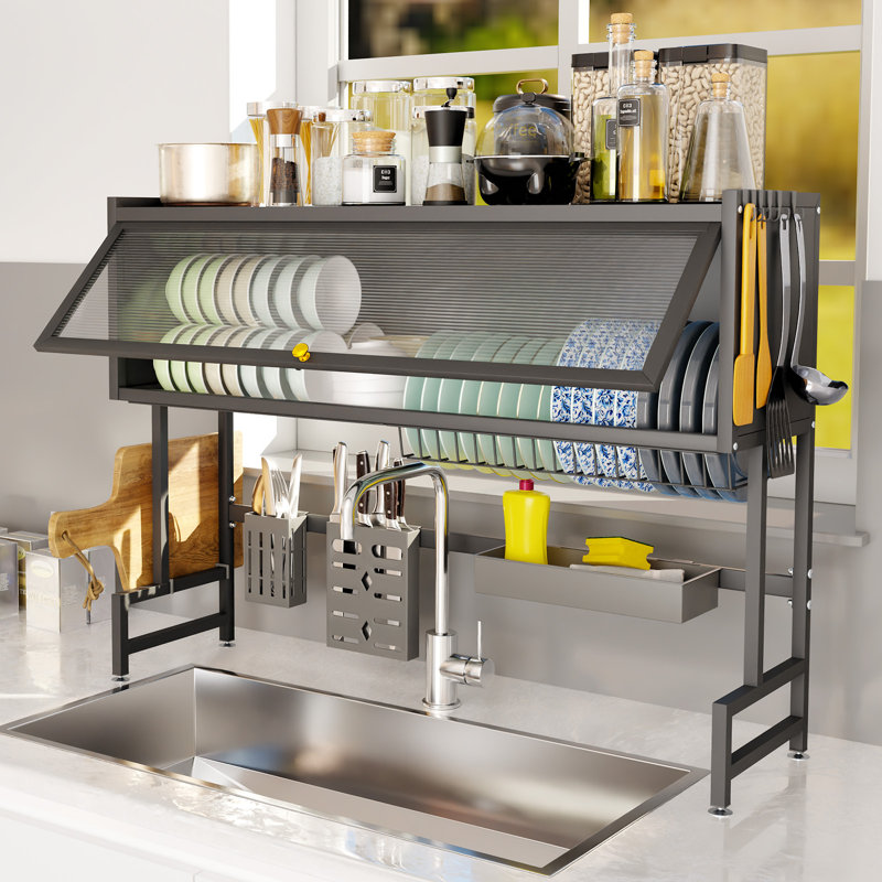 Kitchen Sink Countertop Dust-Proof Storage Rack, Multi-Functional Storage Rack Above Sink, Black, for Drying Dishes, Glasses, Bowls, and Utensils