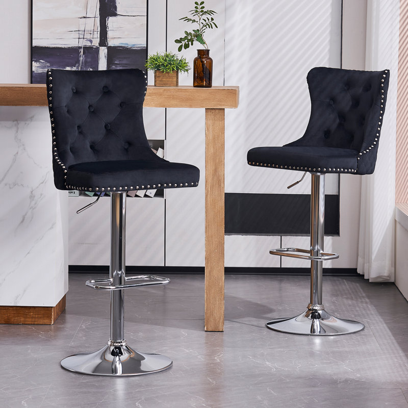 Swivel Upholstered Adjustable Height Counter Stool with Metal Frame, Silver, Black