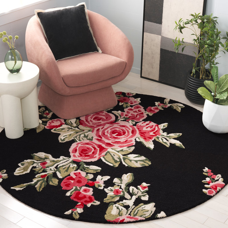 Tapis floral rose / noir en laine / coton touffeté à la main Jardin, Rond 6 pi