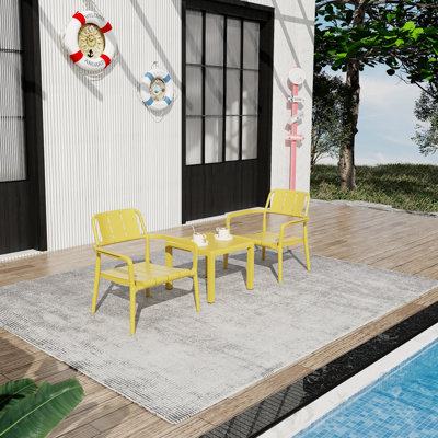 Summer - 2-Piece PP Single-Seater Chairs + Coffee Table Set – Indoor/Outdoor Multi-Purpose Furniture for Living Room, Balcony, Beach (No Assembly Chairs, Easy Setup Table) – Polypropylene, Yellow