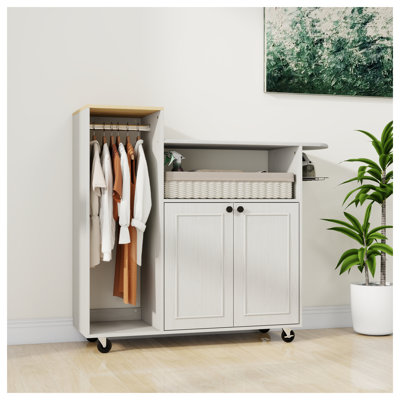 Chariot à repasser à roulettes antique blanc avec planche à repasser - Armoire à repasser polyvalente avec roulettes et tablette réglable, solution de repassage compacte pour la salle de lavage et la chambre