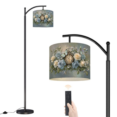  Arc Floor Lamp Vintage Clock Surrounded by Blue White Roses Butterflies Tall Modern Standing Lamp LED Adjustable Linen Lampshade 3 Color Temperatures