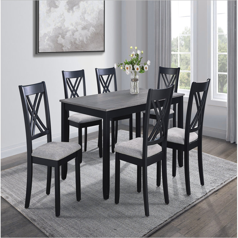 7-Pc Dinette Set Light Black Grey Rectangular Table Grey Upholstered Chairs Transitional Dining Room Wooden Dining Set Furniture