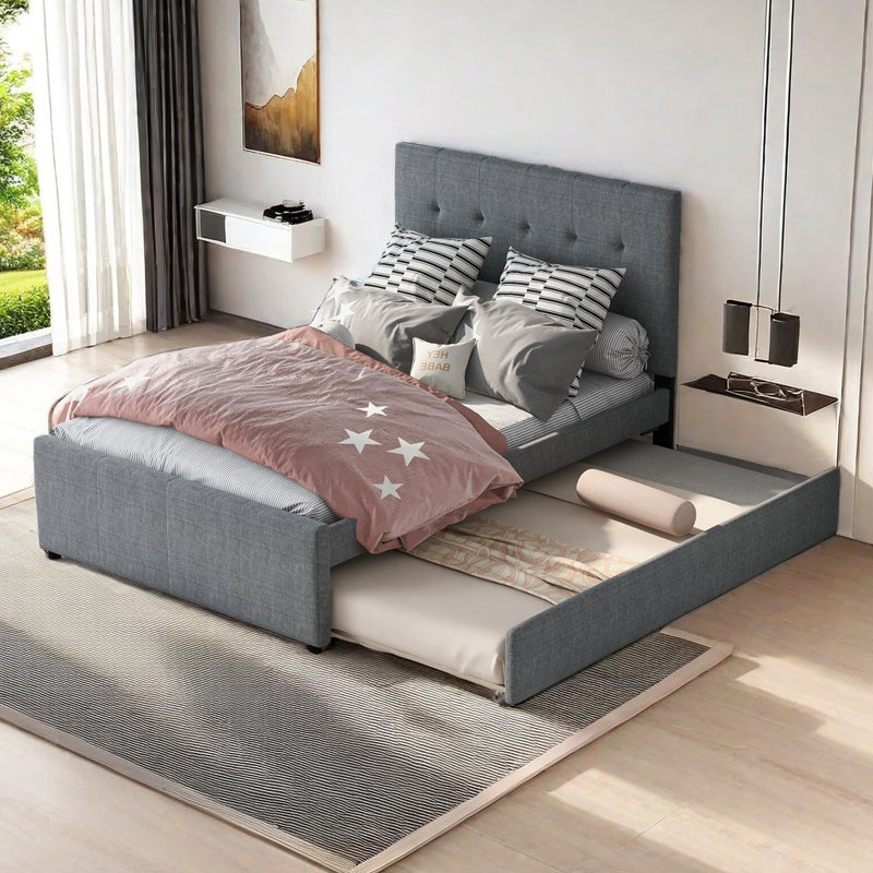 Acquaviva Linen Upholstered Platform Bed With Headboard And Trundle, Bed Frame, Full