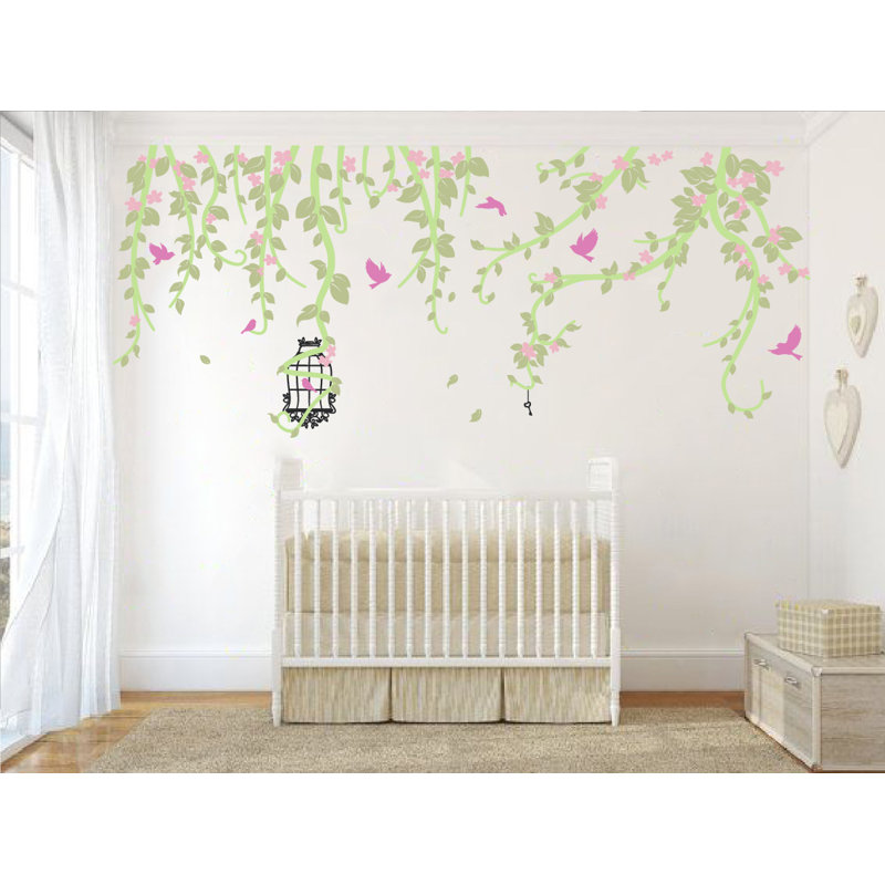 Décalcomanie murale vignes et cage, Vert et rose, 34" H x 80" lx 0.01" D