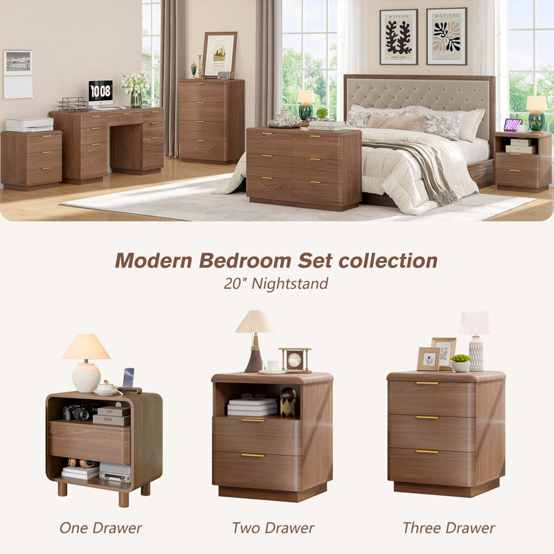 Cota 19.6" Thickened Nightstand, 2 Drawer Bedside Table, Wooden End Table W/Storage, Modern Curved Profile Design, Mid Century Night Stand For Bedroom, Living Room, Dark Walnut