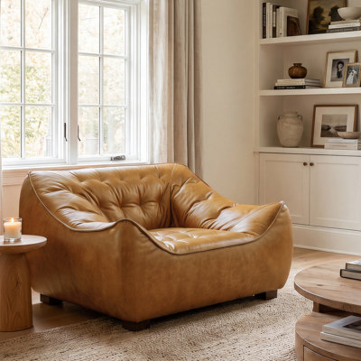 47'' Wide Tufted Full-Grain Genuine Leather 1-Seater Accent Chair Sofa