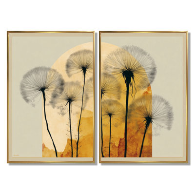«Springtime Dandelion Sunset - Art mural encadré pissenlit, impression sur toile florale noire 2 pièces