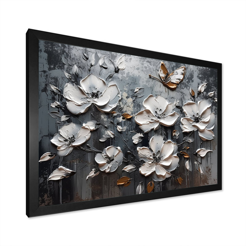 Ryner Golden White Butterfly Wings And Flowers IV sur toile, H 12 po x l 20 po x P 1 po, Cadre photo noir