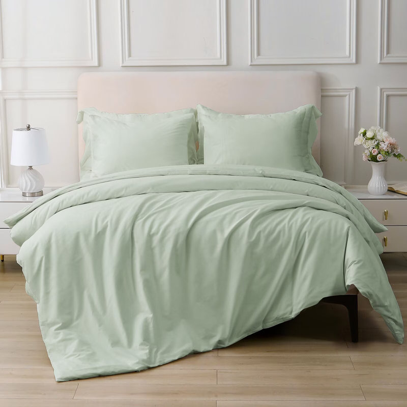 100% Cotton Duvet Cover Set Stone Washed Vintage Long-Staple Bedding Set, Queen Duvet Cover + 2 Standard Pillowcases, Green