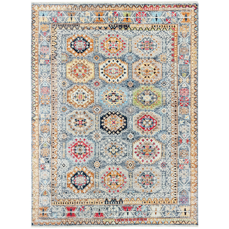 Wool Geometric Area Rug in Blue/Beige, Rectangle 9' x 12'