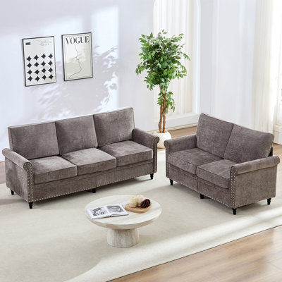 "76.8" 3+2 Vogue Chenille Sofa Set - 300lb/seat Capacity,  Thick Pocket Spring Cushions, Solid Wood Gourd Legs, Removable Seat Covers