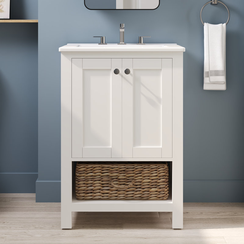 24" White Freestanding Bathroom Vanity with Ceramic Top and Woven Basket